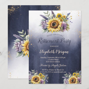 Violet Flowers Sunflowers Ombre Blue Retirement  Invitation