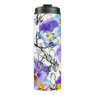 Violet Flowers Watercolor Vintage Pattern Thermal Tumbler