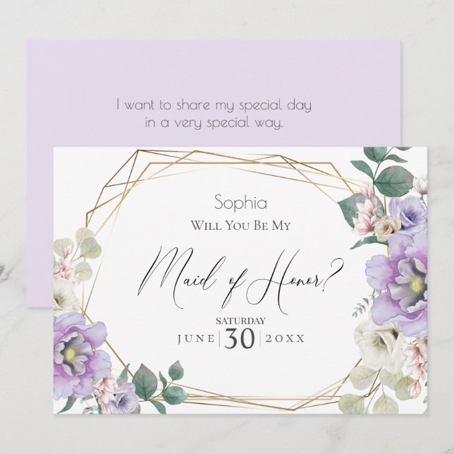 Violet Flowers Will You Be My Maid of Honour Invitation (Front/Back)