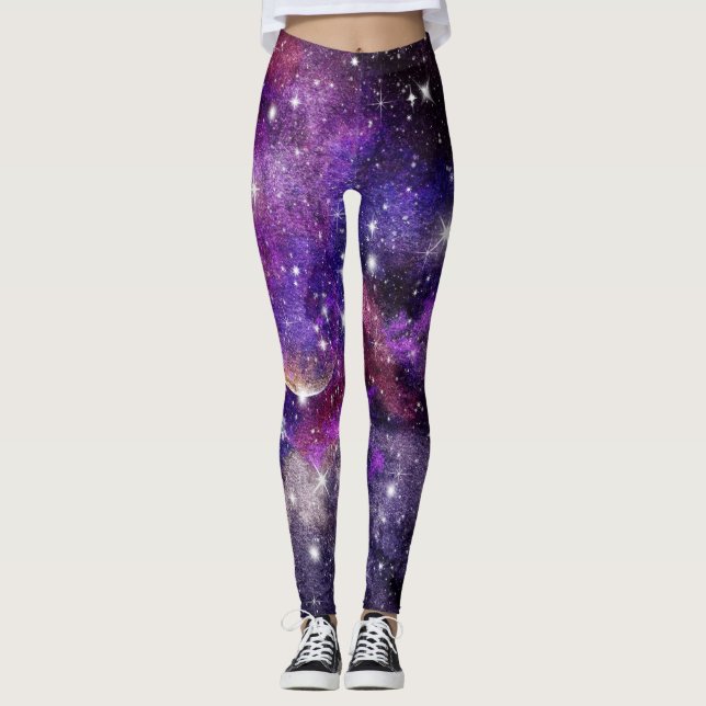 Violet Galaxy Milky Way With Planet Leggings (Front)