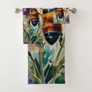 Violet Garden Buzz Watercolor Painting Bath Towel Set