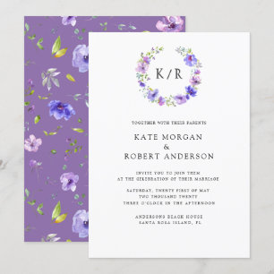 violet garden watercolor double monogram invitation