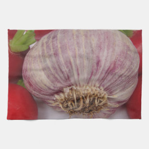 Violet garlic with radish kitchen towel