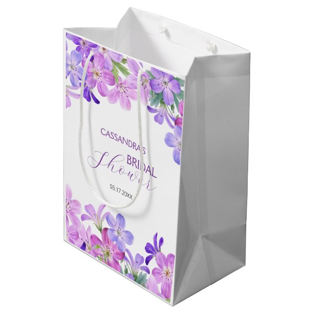Violet Geranium Floral Bridal Shower  Medium Gift Bag (Back Angled)