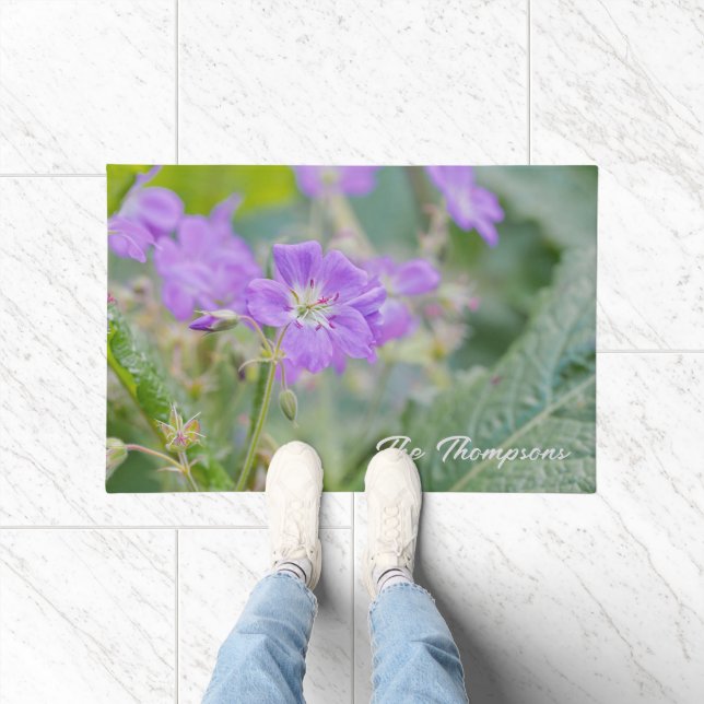 Violet Geranium Wildflower Photo With Family Name Doormat (Indoor)