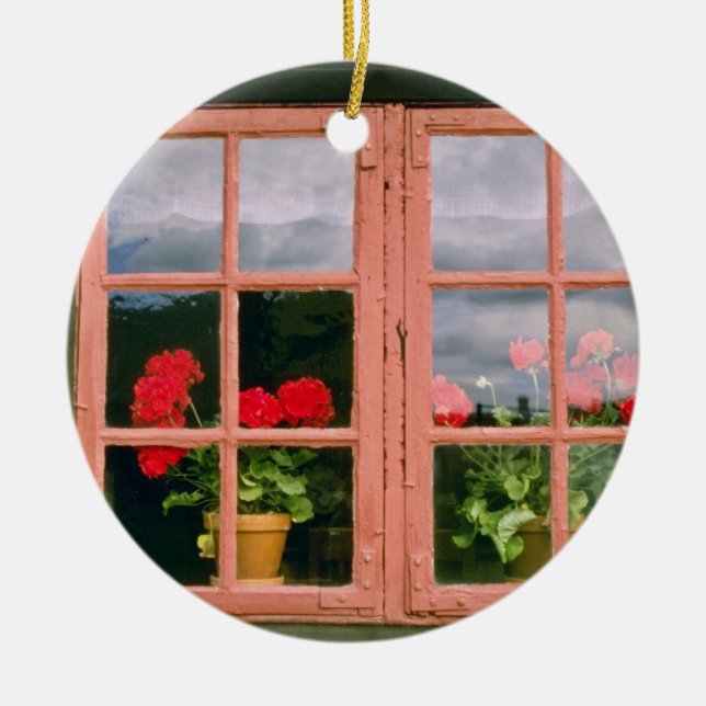 Violet Geraniums In The Window Of A Traditional Ho Ceramic Ornament (Front)