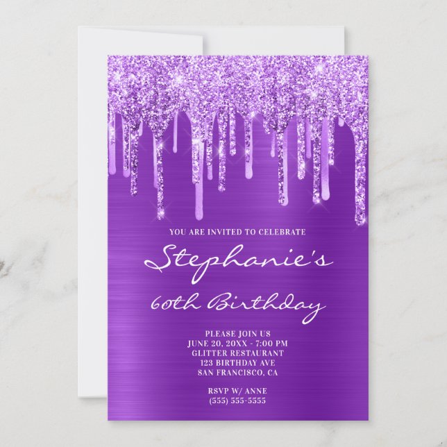 Violet Glitter and Foil Drip Birthday Invitation (Front)