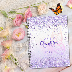 Violet glitter butterfly name monogrammed 2026 planner