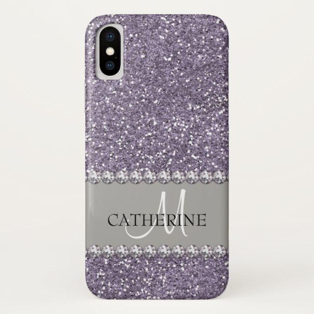 Violet Glitter, Diamond Gems, Name and Monogram Case-Mate iPhone Case (Back)
