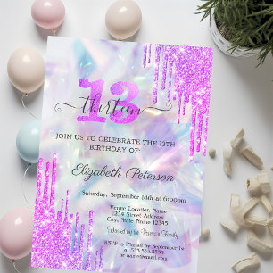 Violet Glitter Drips Holographic 13th Birthday  Invitation