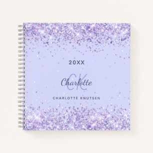 Violet glitter monogram initials script  notebook
