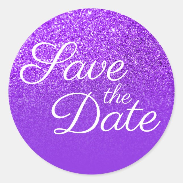 Violet Glitter Ombre Save the Date Classic Round Sticker (Front)