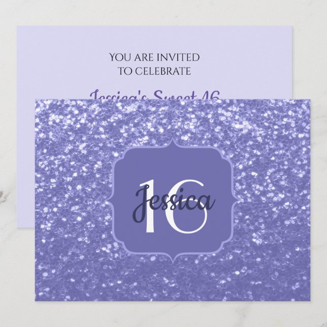 Violet glitter sparkle Sweet 16 Monogram Invitation (Front/Back)