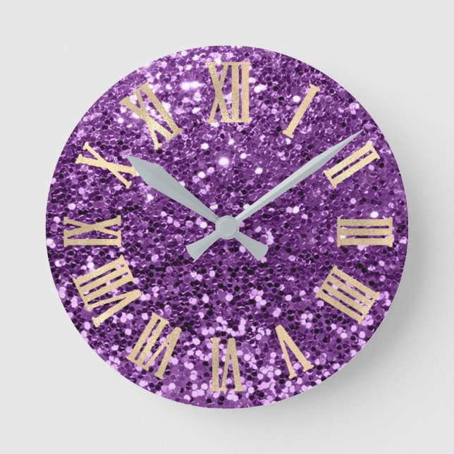 Violet Gold Glitter Sparkly Metallic Roman Numers Round Clock (Front)
