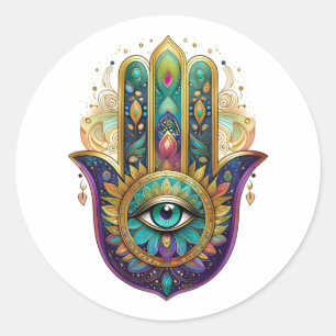 Violet Green Gold Petals Hamsa Turquoise Third Eye Classic Round Sticker
