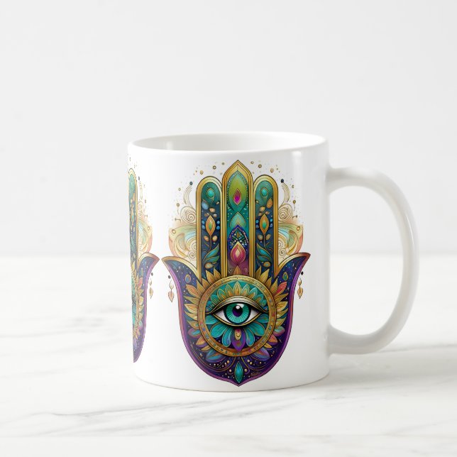 Violet Green Gold Petals Hamsa Turquoise Third Eye Coffee Mug (Right)