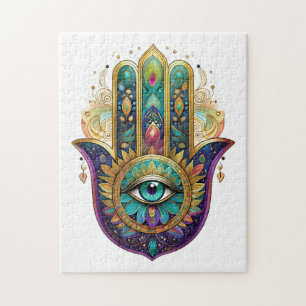 Violet Green Gold Petals Hamsa Turquoise Third Eye Jigsaw Puzzle