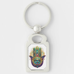 Violet Green Gold Petals Hamsa Turquoise Third Eye Keychain