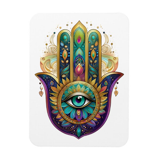 Violet Green Gold Petals Hamsa Turquoise Third Eye Magnet (Vertical)