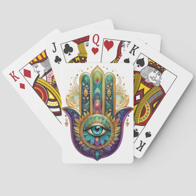 Violet Green Gold Petals Hamsa Turquoise Third Eye Playing Cards (Back)