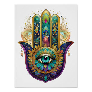 Violet Green Gold Petals Hamsa Turquoise Third Eye Poster
