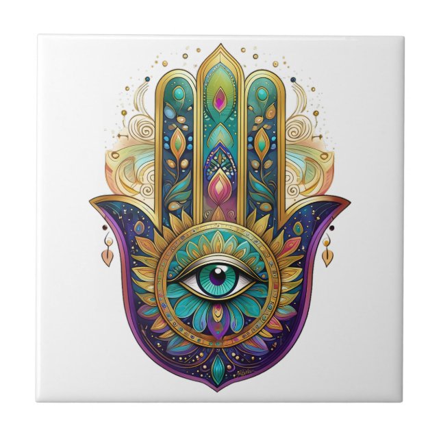 Violet Green Gold Petals Hamsa Turquoise Third Eye Tile (Front)