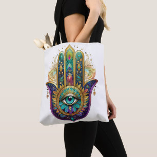 Violet Green Gold Petals Hamsa Turquoise Third Eye Tote Bag