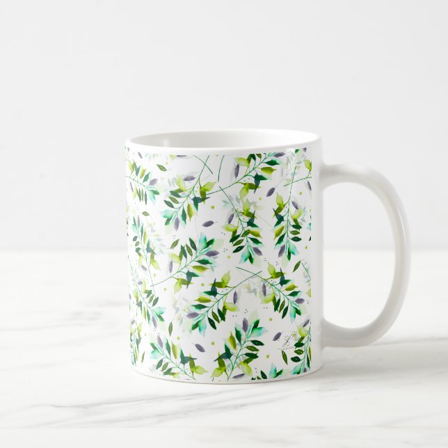 Violet & Green Watercolor Botanical Leaves Coffee Mug (Right)