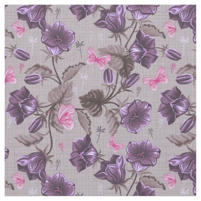 violet hand bells and pink butterflies pattern fabric (Close Up)