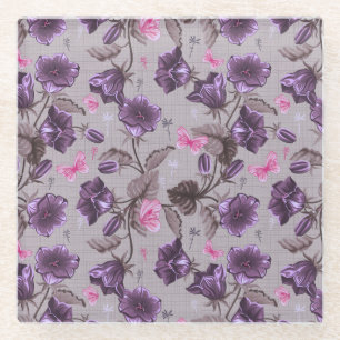 violet hand bells and pink butterflies pattern glass coaster