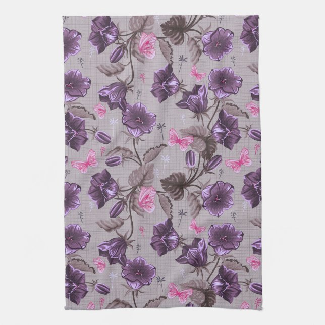 violet hand bells and pink butterflies pattern kitchen towel (Vertical)