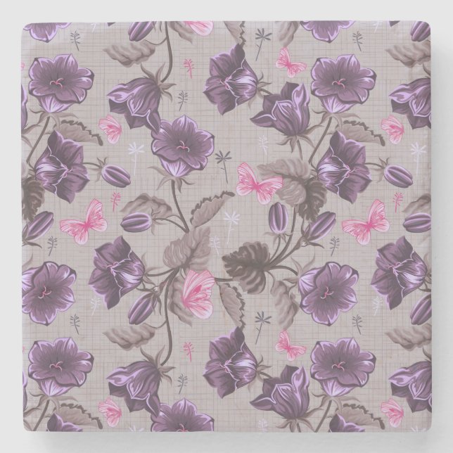 violet hand bells and pink butterflies pattern stone coaster (Front)