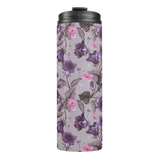 violet hand bells and pink butterflies pattern thermal tumbler (Front)