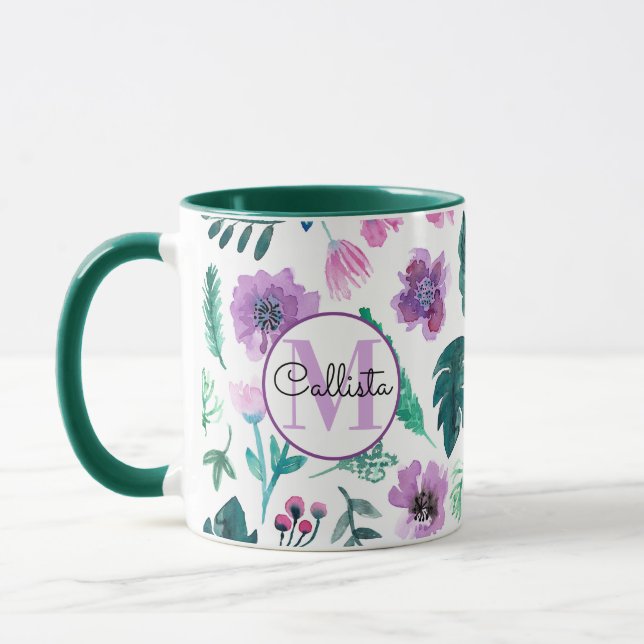 Violet Hunter Tropical Watercolor Flowers Monogram Mug (Left)