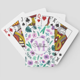Violet Hunter Tropical Watercolor Flowers Monogram Playing Cards