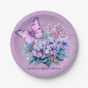Violet Hydrangea Floral Butterfly Bridal Shower Paper Plate