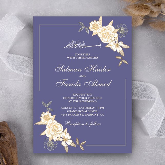 Violet Ivory Floral Leaves Branch Muslim Wedding Invitation (Creator Uploaded)