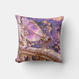 Violet Jewelled Dragonfly Sunset Lake Balcony Throw Pillow