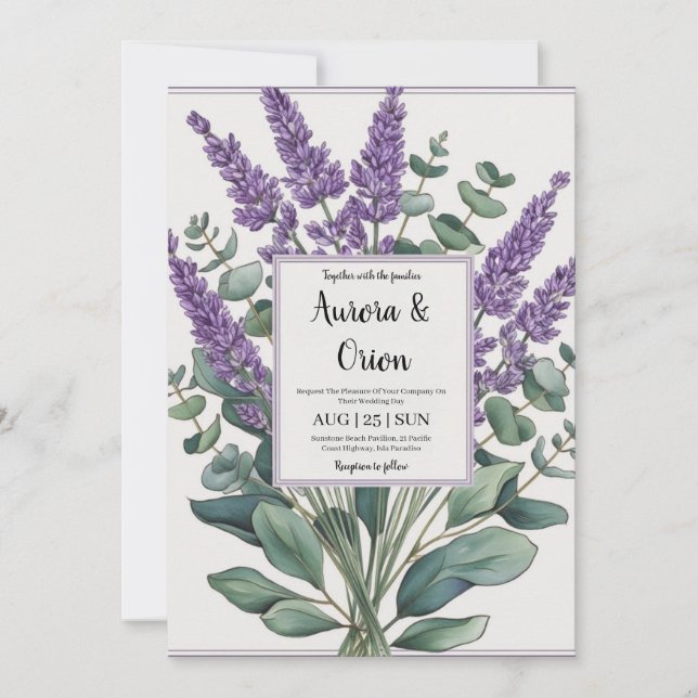 violet lavande et eucalyptus invitations de mariag (Devant)