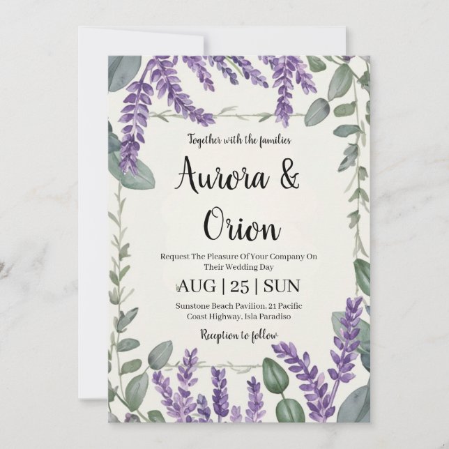 violet lavande et eucalyptus invitations de mariag (Devant)