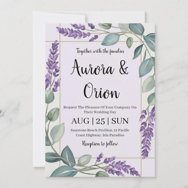violet lavande et eucalyptus invitations de mariag (Devant)