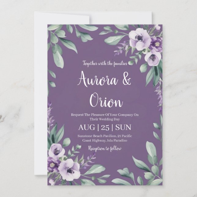 violet lavender and eucalyptus wedding invitations (Front)