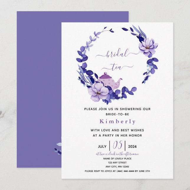 Violet & Lavender Floral Bridal Tea Invitation (Front/Back)