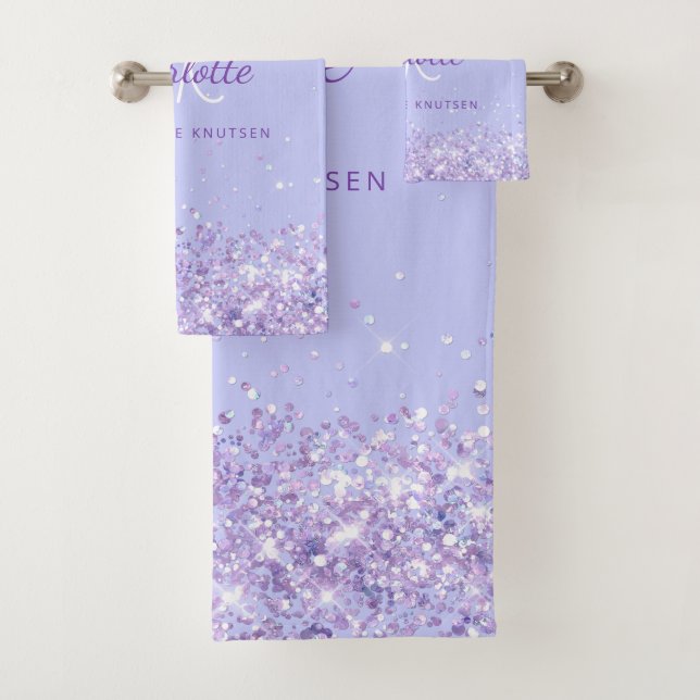 Violet lavender glitter dust name monogram bath towel set (Insitu)
