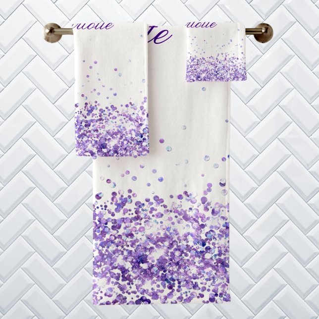 Violet lavender glitter dust white name bath towel set (Creator Uploaded)