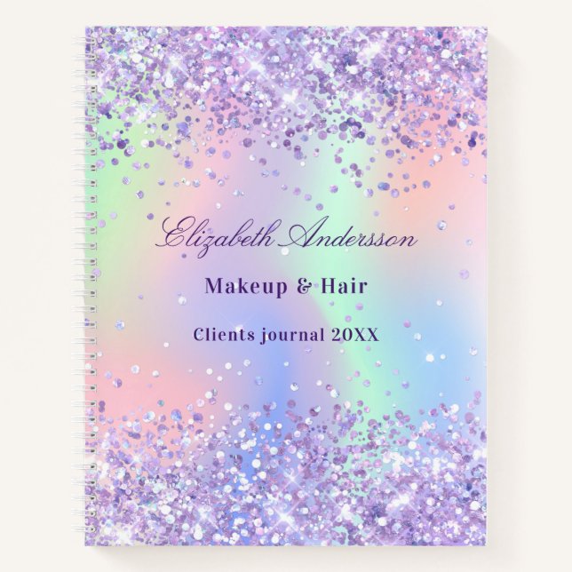 Violet lavender glitter holographic name business notebook (Front)