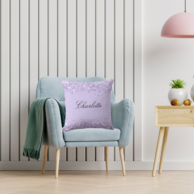 Violet lavender glitter name script elegant throw pillow (Creator Uploaded)