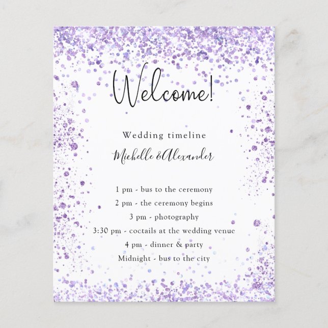 Violet lavender glitter wedding program details (Front)