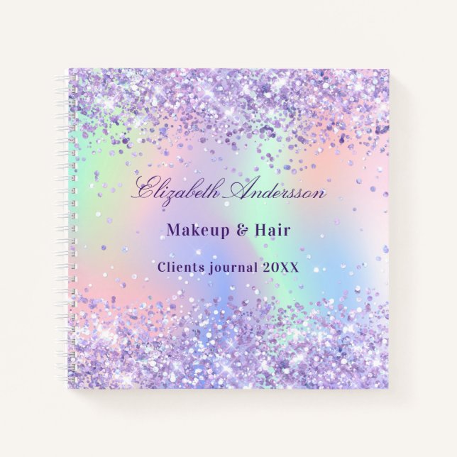Violet lavender holographic name business notebook (Front)