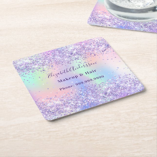 Violet lavender holographic name business square paper coaster (Angled)